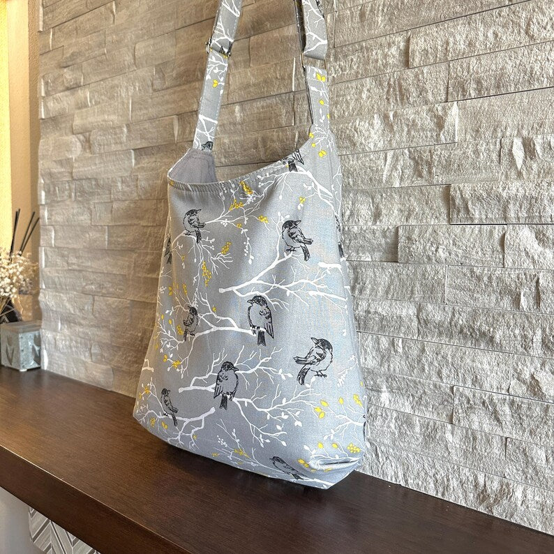 One Handle Hobo Bag - Black Birds on Branches