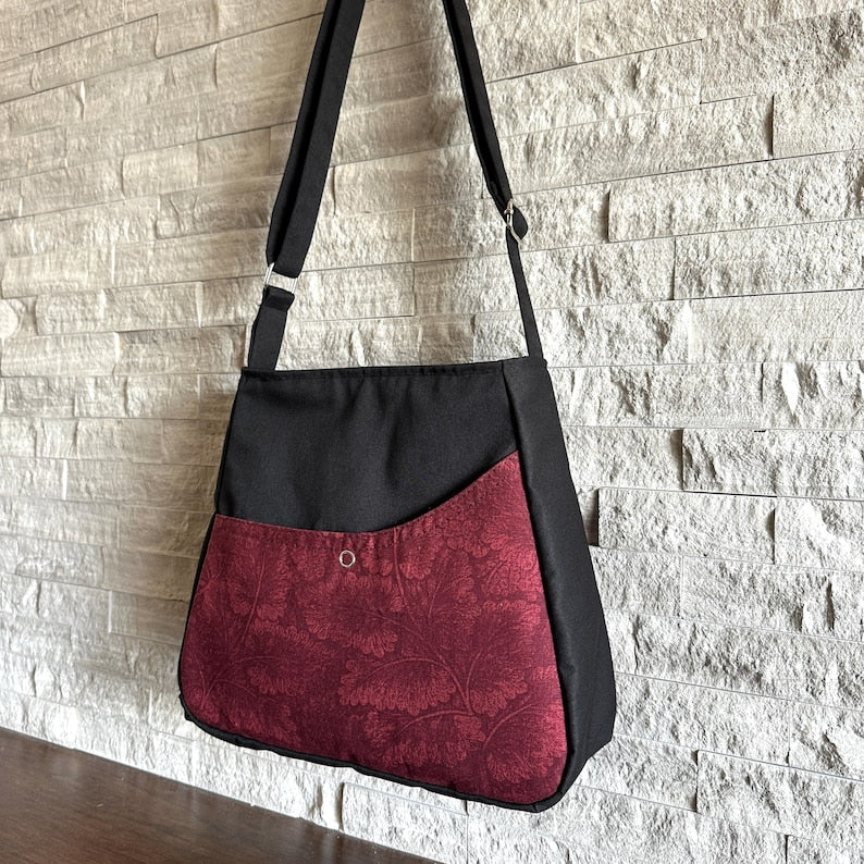Trapezoid One Handle Hobo Bag - Leaves in Wine Red