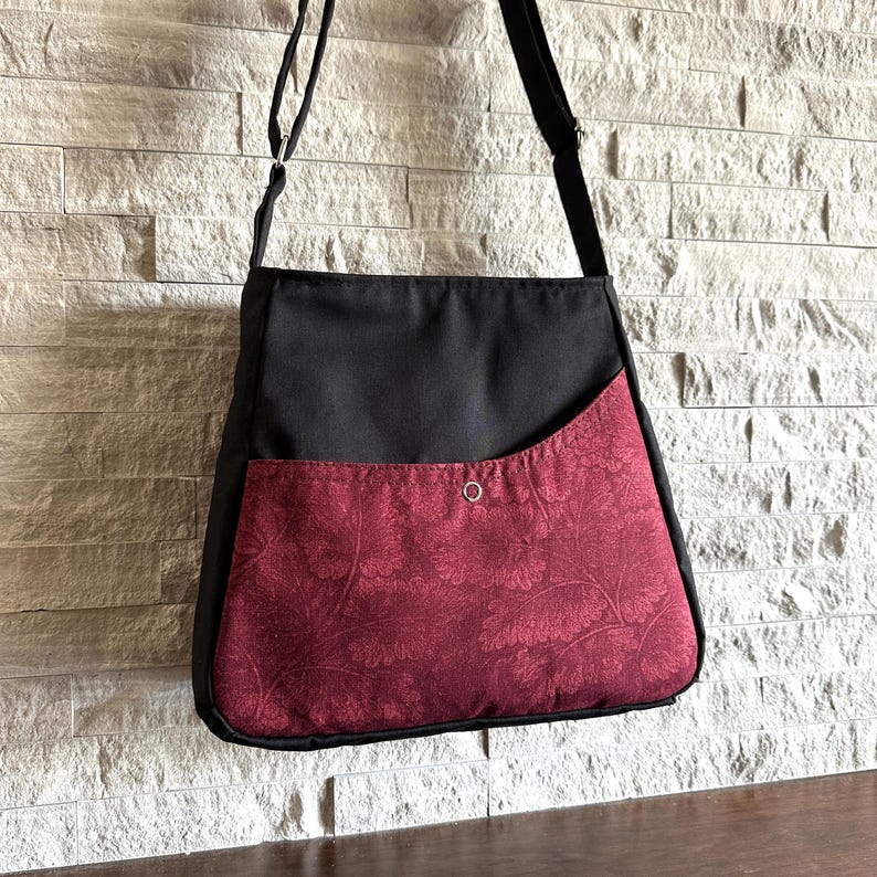 Trapezoid One Handle Hobo Bag - Leaves in Wine Red