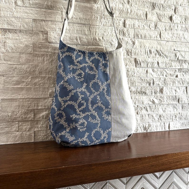 One Handle Hobo Bag - Vine Scroll on Dusty Blue X Gray