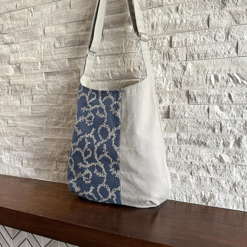 One Handle Hobo Bag - Vine Scroll on Dusty Blue X Gray