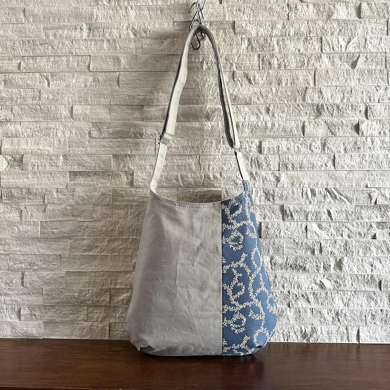 One Handle Hobo Bag - Vine Scroll on Dusty Blue X Gray