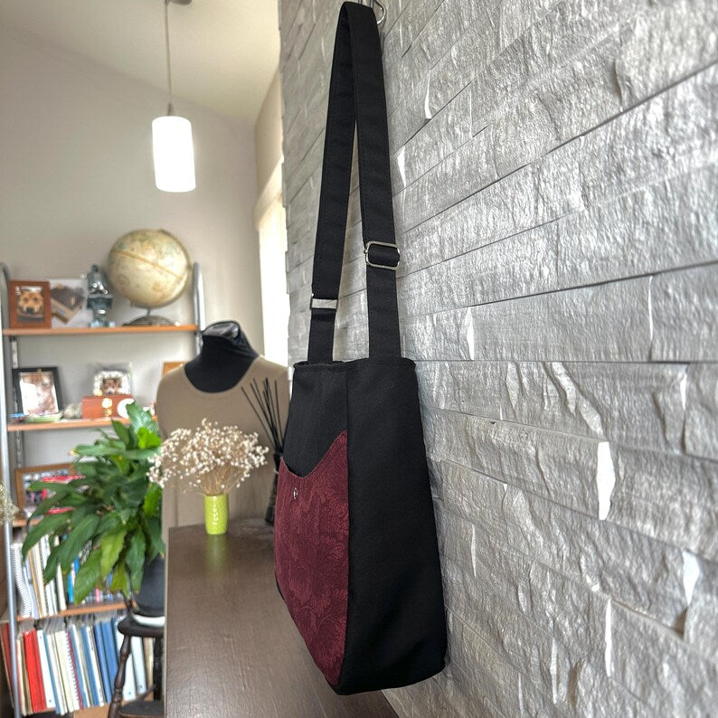 Trapezoid One Handle Hobo Bag - Leaves in Wine Red