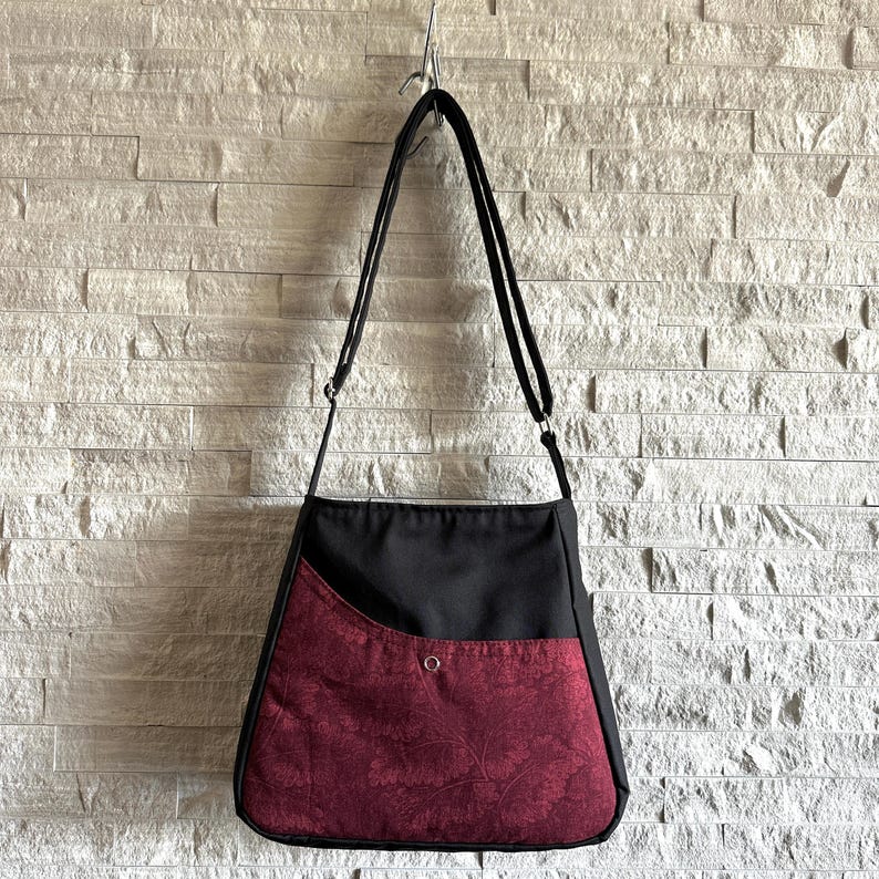 Trapezoid One Handle Hobo Bag - Leaves in Wine Red