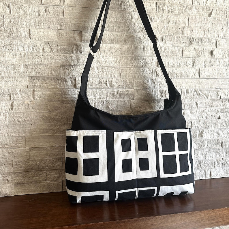 Zipped 4 Pockets Hobo Bag w/ Adjustable Strap - City Blocks