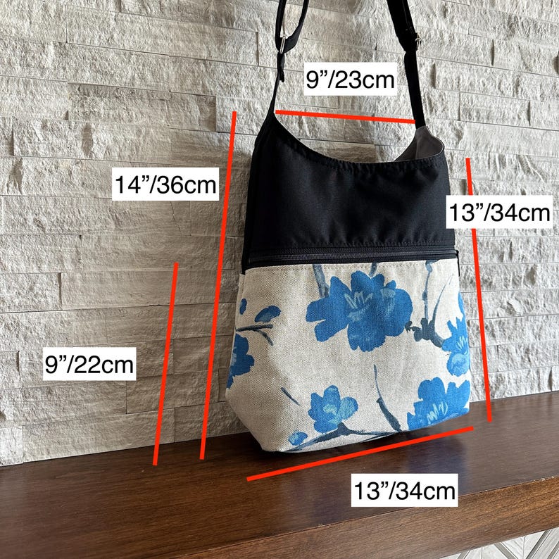 2 Pockets Hobo Bag w/ Adjustable Strap - Chrysanthemum on Dusty Blue