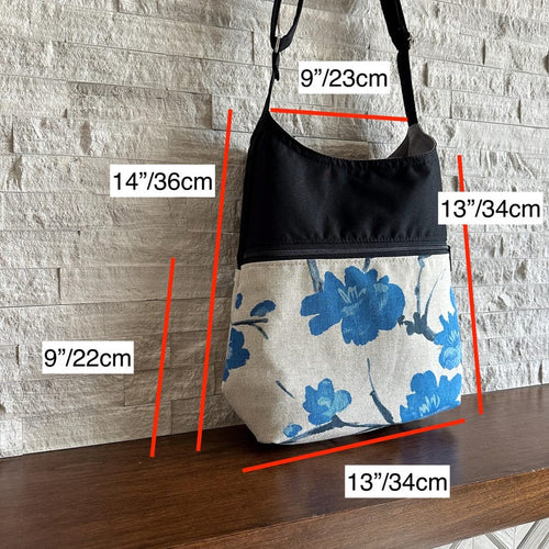 2 Pockets Hobo Bag w/ Adjustable Strap - Chrysanthemum on Dusty Blue