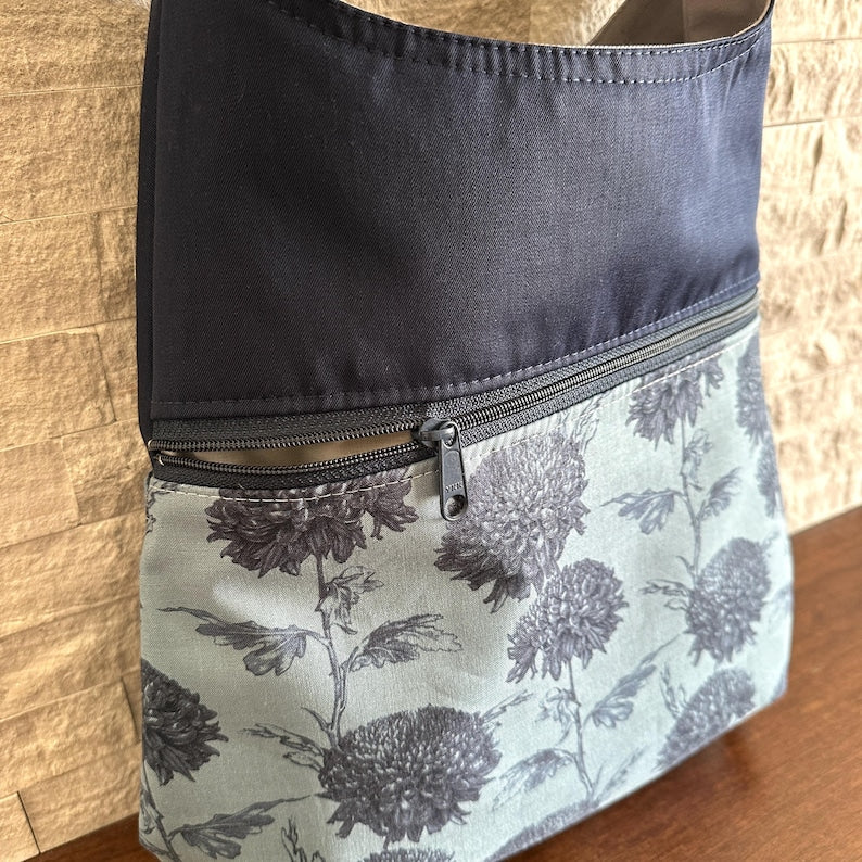 2 Pockets Hobo Bag w/ Adjustable Strap - Chrysanthemum on Dusty Blue