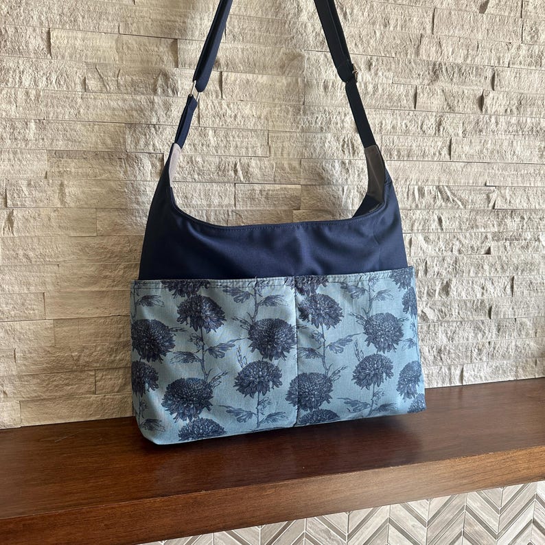 Zipped 4 Pockets Hobo Bag w/ Adjustable Strap - Chrysanthemum on Dusty Blue