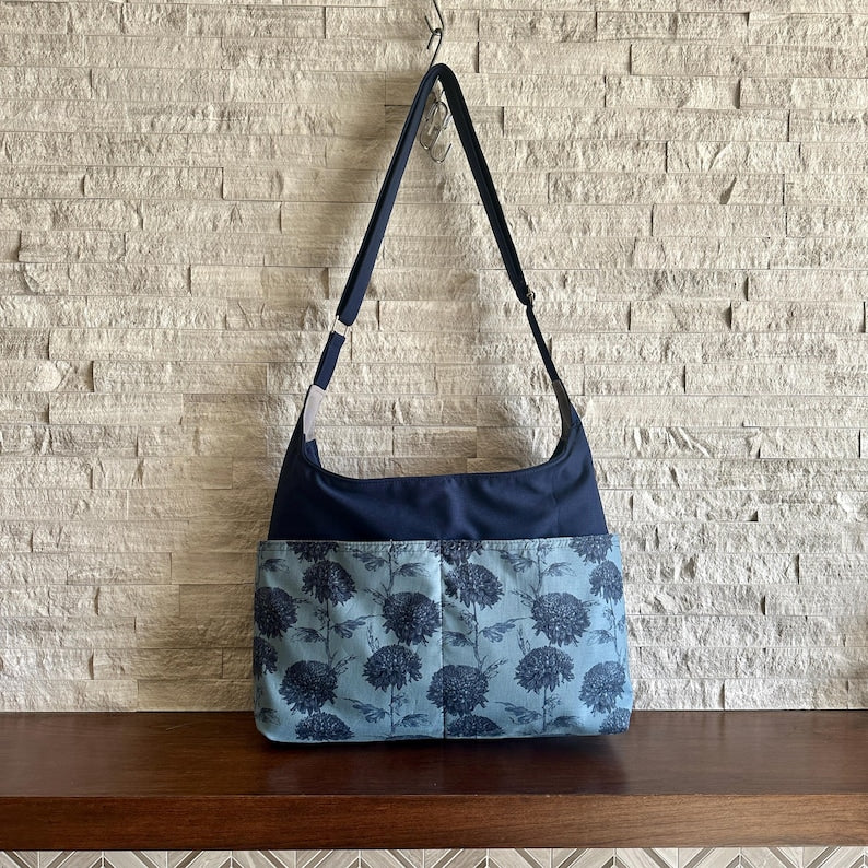 Zipped 4 Pockets Hobo Bag w/ Adjustable Strap - Chrysanthemum on Dusty Blue