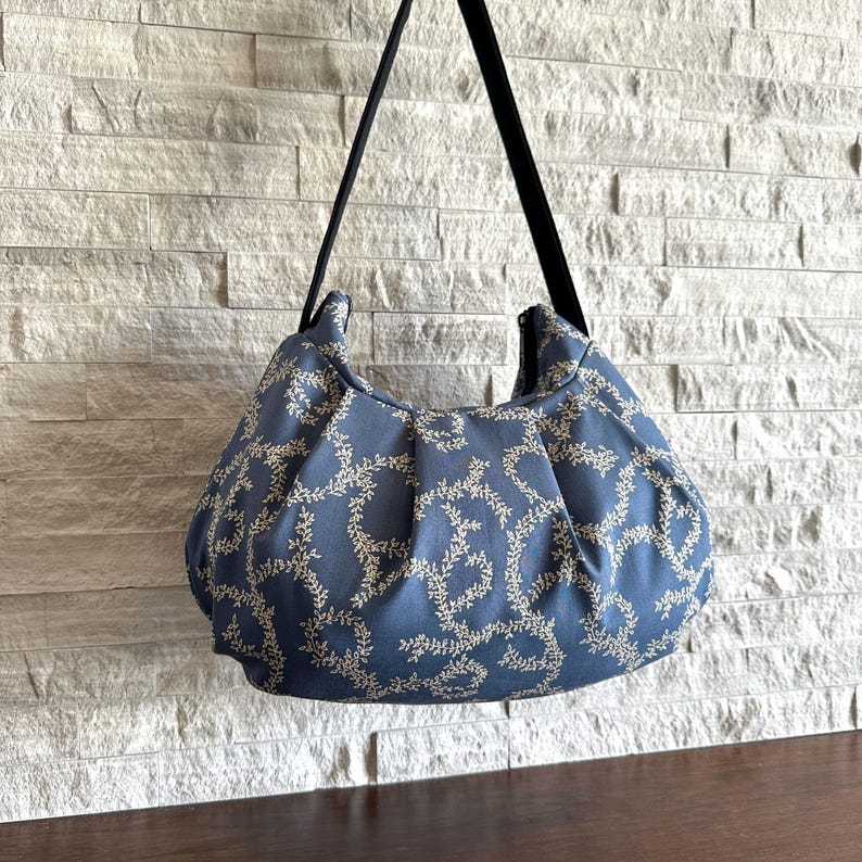 Pleated Bag // Shoulder Purse - Vine Scroll on Dusty Blue