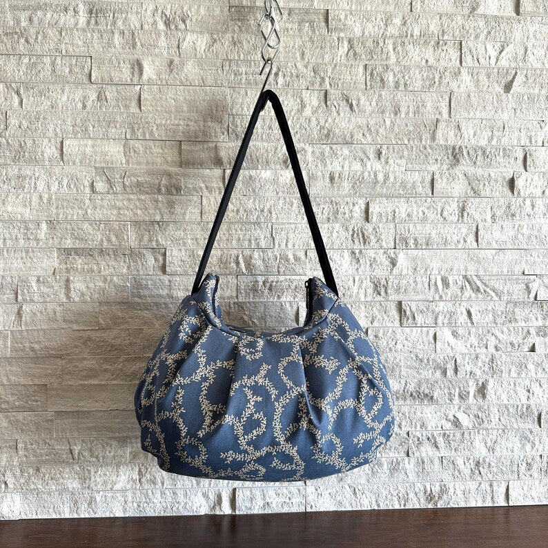 Pleated Bag // Shoulder Purse - Vine Scroll on Dusty Blue